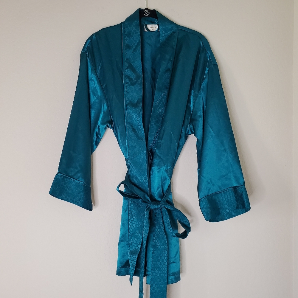 Victorias Secret Vintage Robe Gold Label Satin Green Teal Sz ONE SIZE Polyester